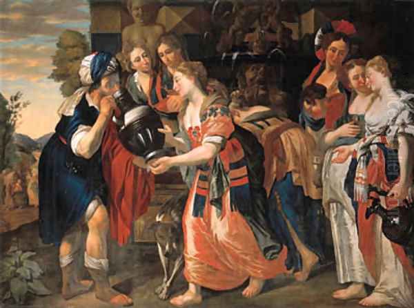 Rebecca and Eliezer at the Well Oil Painting by Adam Van Noordt