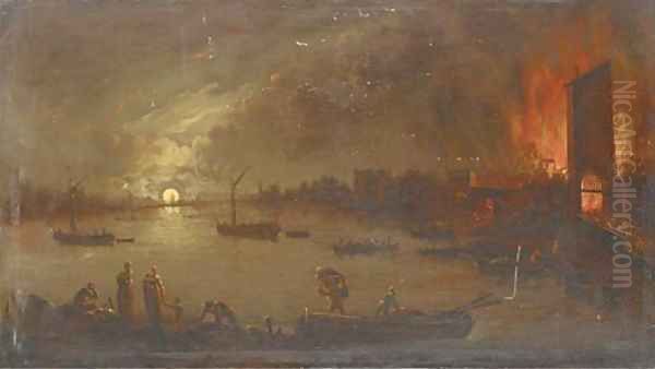 A river landscape by moonlight with people abandoning a blazing village Oil Painting by Aert van der Neer