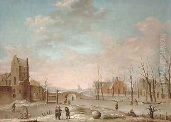 A winter landscape with figures playing kolf on a frozen river, a windmill and walled town beyond Oil Painting by Aert van der Neer