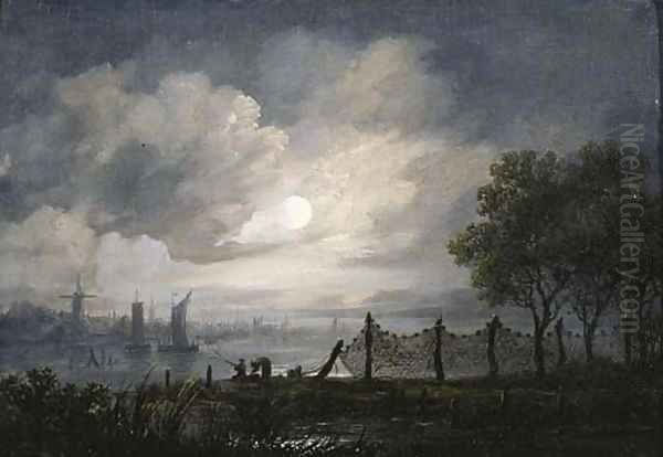 A moonlit river landscape with anglers Oil Painting by Aert van der Neer