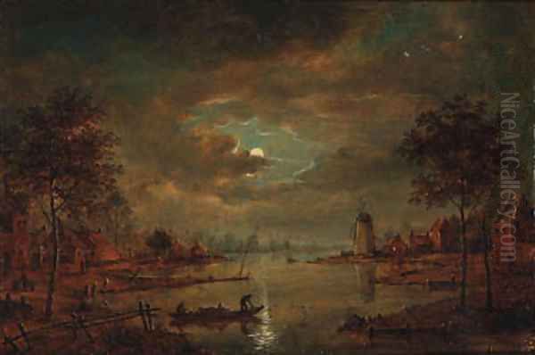 A moonlit river landscape with figures in a boat, a windmill beyond Oil Painting by Aert van der Neer