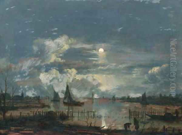 A moonlit riverlandscape, with shipping and fishermen on the shore inspecting their nets and lobsterpots Oil Painting by Aert van der Neer