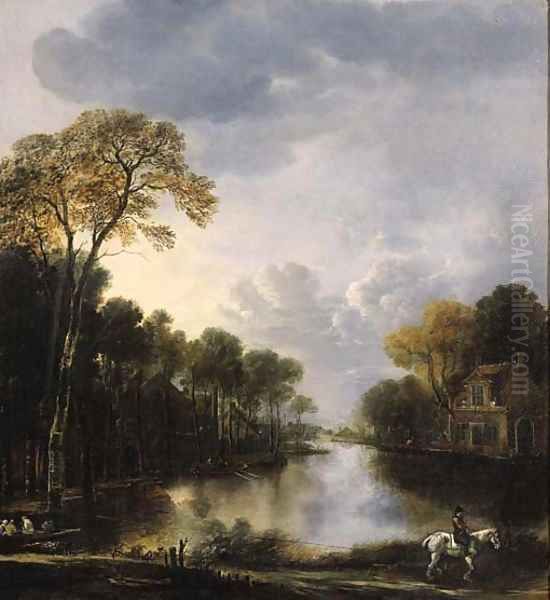 A river landscape at night with a ferry pulled on a rope by a rider in the foreground Oil Painting by Aert van der Neer