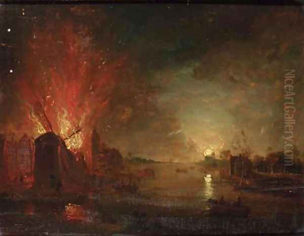 A mill on fire on a riverbank, by moonlight Oil Painting by Aert van der Neer