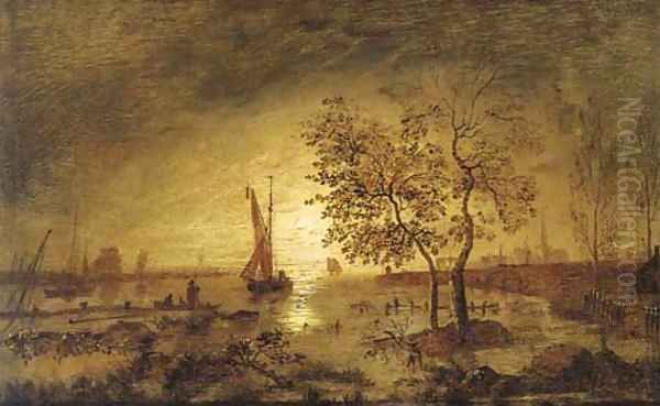 A moonlit estuary with fishing boats and a town beyond Oil Painting by Aert van der Neer