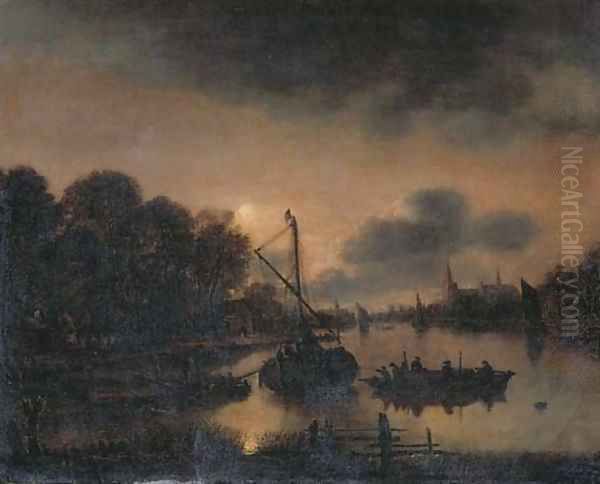 A moonlit landscape with moored vessels on a river, a village with a church beyond by Aert van der Neer