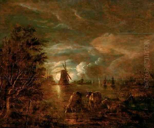 A moonlit river landscape with cows in the foreground, a windmill beyond Oil Painting by Aert van der Neer