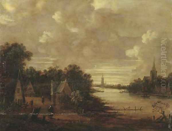 A moonlit river landscape with figures on a track, a church in the distance Oil Painting by Aert van der Neer