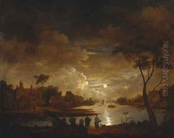 A moonlit river landscape with figures on a track, cottages beyond Oil Painting by Aert van der Neer