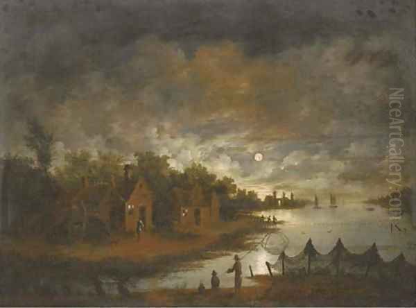 A moonlit river landscape with fishermen by the bank Oil Painting by Aert van der Neer