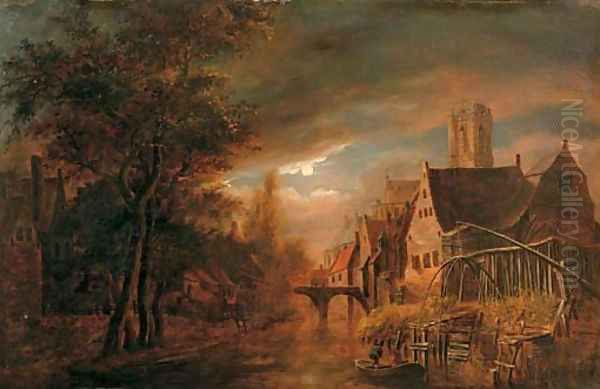 A moonlit river landscape with fishermen, a village nearby Oil Painting by Aert van der Neer