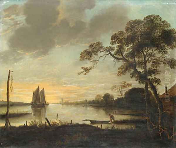 A River Landscape at Dusk with a Fisherman and a Rowing Boat, sailing boats beyond Oil Painting by Aert van der Neer