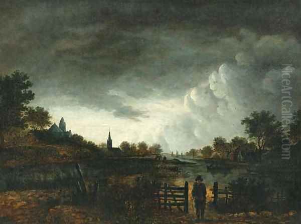 A river landscape at sunset with a peasant by a gate Oil Painting by Aert van der Neer