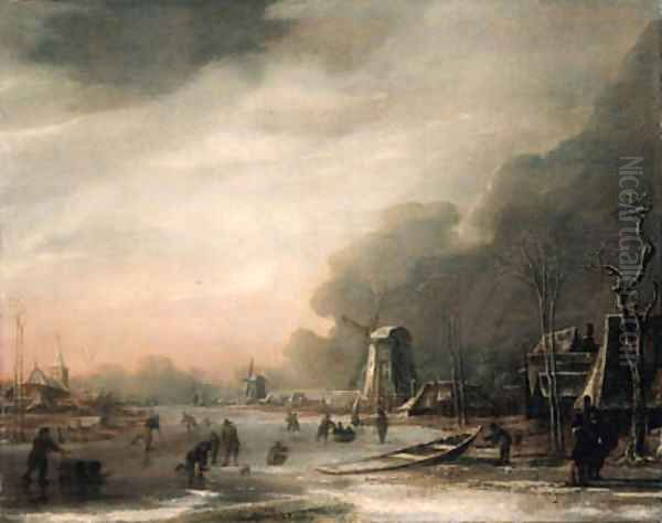 A Winter Landscape with Skaters and Kolf Players Oil Painting by Aert van der Neer