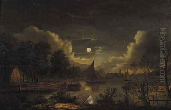 Fishermen sailing on a river by a village at night Oil Painting by Aert van der Neer