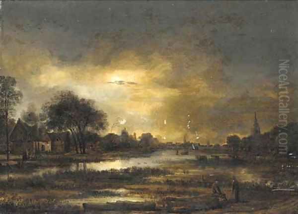 A moonlit landscape with two peasants conversing near a lake in the foreground Oil Painting by Aert van der Neer