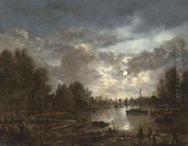 A moonlit river landscape with figures and shipping, a town beyond Oil Painting by Aert van der Neer