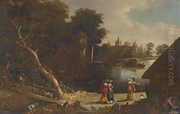 A wooded river landscape with elegant company on a track Oil Painting by Aert van der Neer