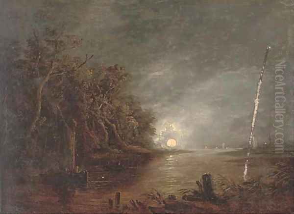 A moonlit river landscape; and The Madonna with male saints Oil Painting by Aert van der Neer