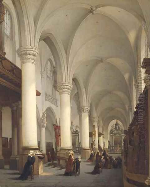 Interieur de l'Eglise Saint Paul d'Anvers a church interior with figures in prayer Oil Painting by Bernard Neyt