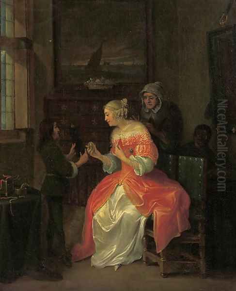 A page presenting a portrait miniature to an elegant lady in an interior Oil Painting by Eglon van der Neer