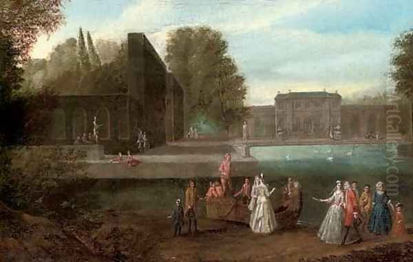 Elegant company disembarking from a boat in a lake in the grounds of a country house Oil Painting by Joseph Francis Nollekens