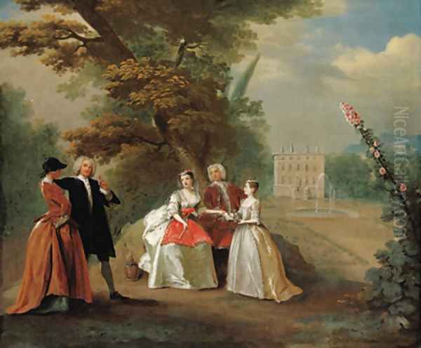 Elegant company in the grounds of a country villa Oil Painting by Joseph Francis Nollekens