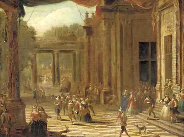 A capriccio of a classical palace exterior with elegant company at a masked ball Oil Painting by Joseph Francis Nollekens