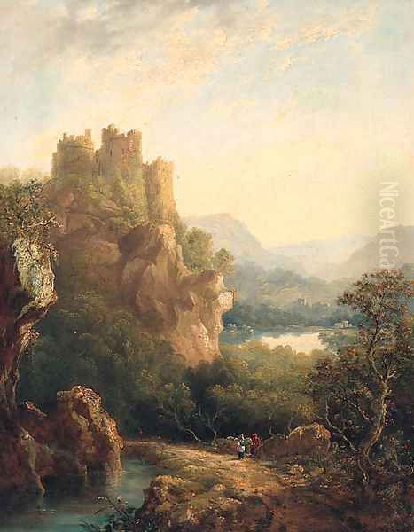 Figures resting on a Path before a hilltop Castle Oil Painting by Margaret Nasmyth