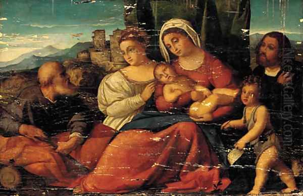 The Holy Family with the Infant Saint John the Baptist, a female Saint and a male donor in a landscape Oil Painting by Palma Vecchio (Jacopo Negretti)