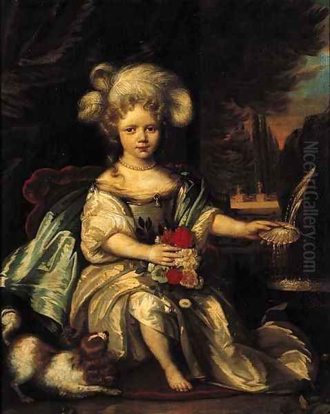 Portrait of Anna Catharina van Heemskerck (1676-1723) when young, seated full length by a fountain on a draped terrace Oil Painting by Pieter Nason