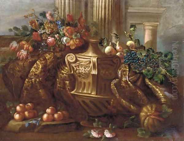 Mmixed flowers, grapes, pears, peaches, a melon and a carpet Oil Painting by Pietro Navarra