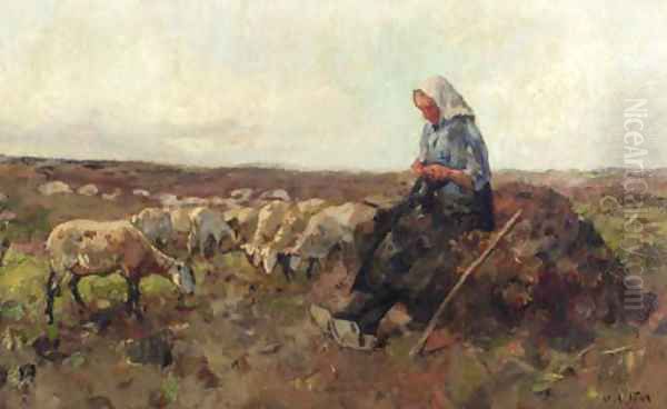 A shepherdess and flock in a heath landscape Oil Painting by Willem Van Der Nat