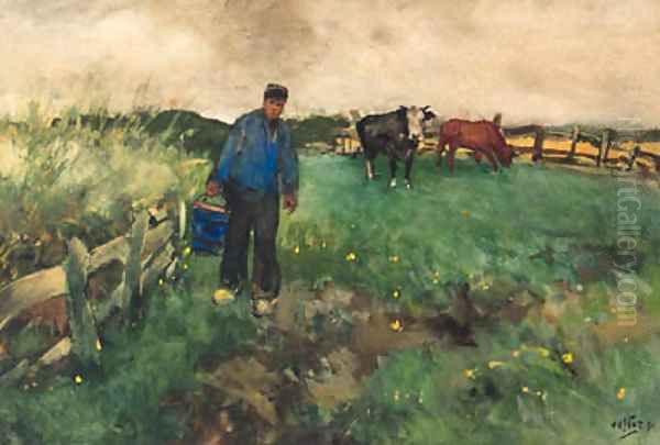 Milking time Oil Painting by Willem Van Der Nat