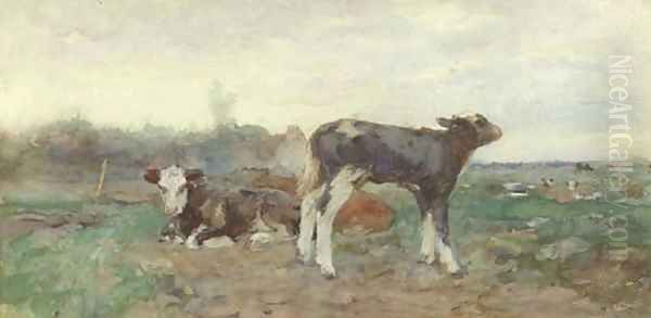 Calves in a pasture Oil Painting by Willem Van Der Nat