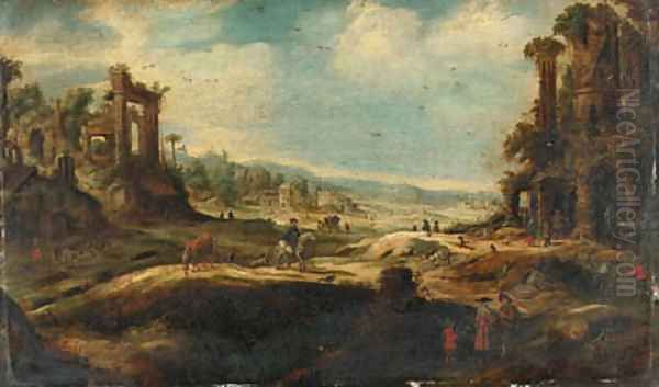 An extensive landscape with travellers by ruins Oil Painting by Adriaen van Nieulandt