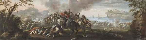 A cavalry battle Oil Painting by Francesco Graziani, Called Ciccio Napoletano