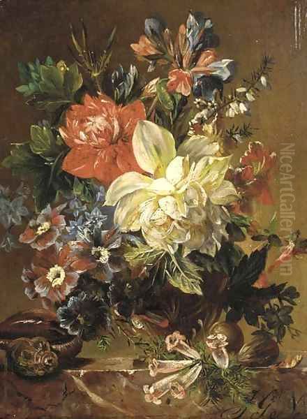 Flowers in a vase, a snail and a nut on a stone ledge Oil Painting by Joseph Nigg