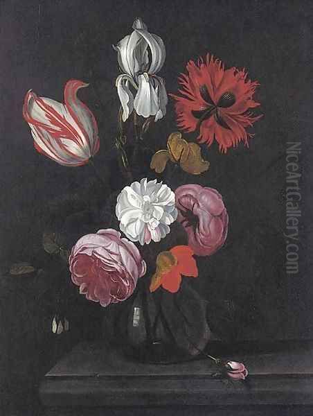 A parrot tulip, roses, an iris and other flowers in a glass vase on a stone ledge Oil Painting by Marten Nellius