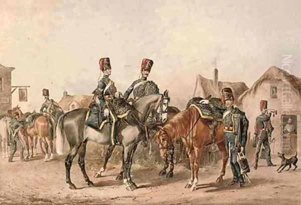 A detachment of the 8th Royal Hussars departing a country tavern Oil Painting by Orlando Norie