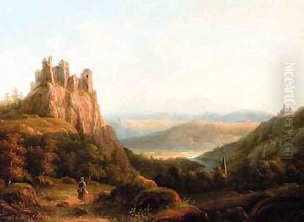 A ruin in a mountainous summer landscape Oil Painting by Jacobus Hendricus Johannes Nooteboom