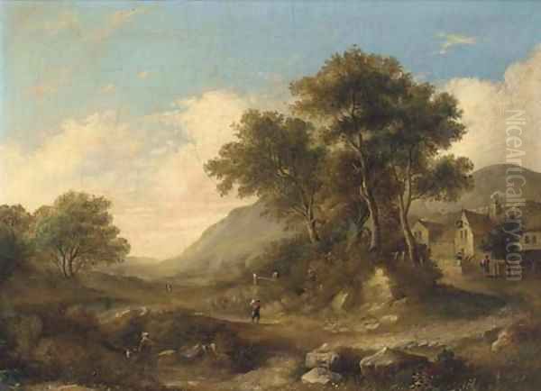 Figures on a path leading to an inn Oil Painting by Jane Nasmyth