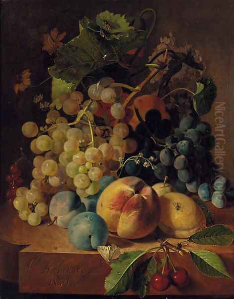 Grapes, peaches, plums and cherries on a marble ledge Oil Painting by Henri Nardeux