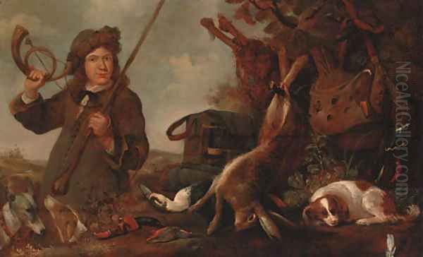 A huntsman with dead game and a spaniel in a landscape with hounds coursing beyond Oil Painting by Pieter Van Noort