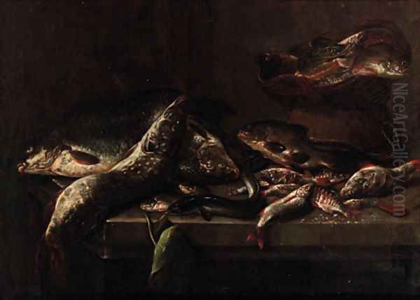 Carp, pike, eel, perch and other fish on a stone ledge Oil Painting by Pieter Van Noort