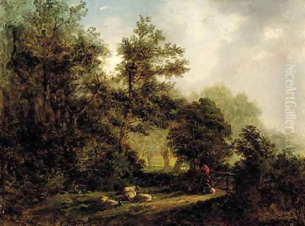 A forest scene with a shepherd, his dog and flock of sheep Oil Painting by Alexander Nasmyth