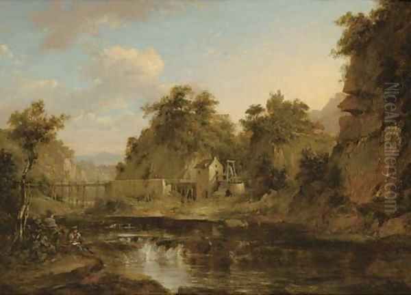 A river landscape with a watermill and an aquaduct, an artist sketching in the foreground Oil Painting by Alexander Nasmyth