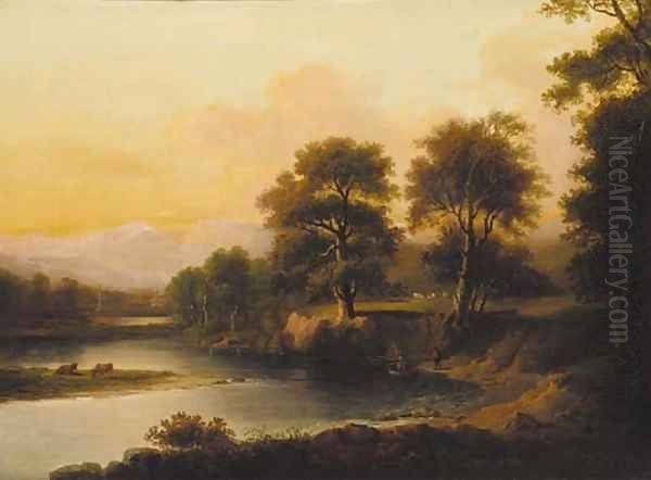 A ferry crossing in a wooded river landscape with a monument beyond Oil Painting by Alexander Nasmyth