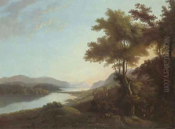 A mountainous wooded river landscape with a figure on a track and a castle beyond Oil Painting by Alexander Nasmyth