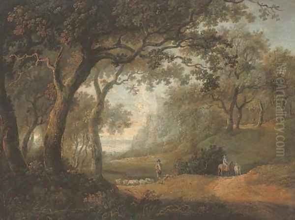 A wooded landscape with a shepherd and his flock, and a figure riding on a track Oil Painting by Alexander Nasmyth